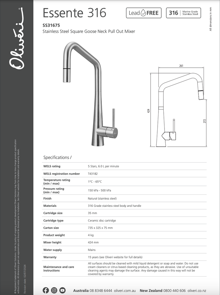 Oliveri Essente Stainless Steel Square Goose Neck Pull Out Mixer