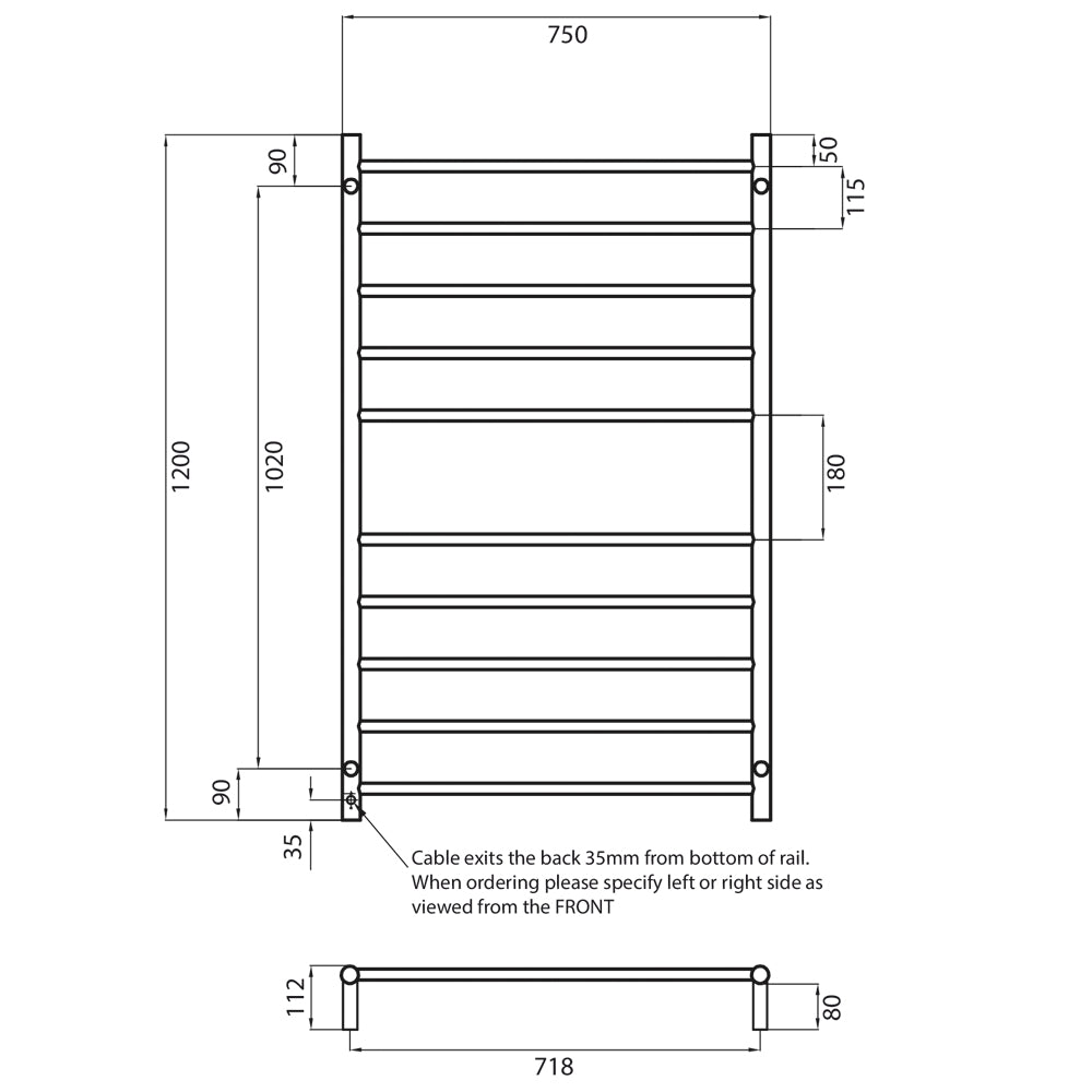 Radiant Heating Round Bars 240V Heated Towel Rails Polished 750 x 1200