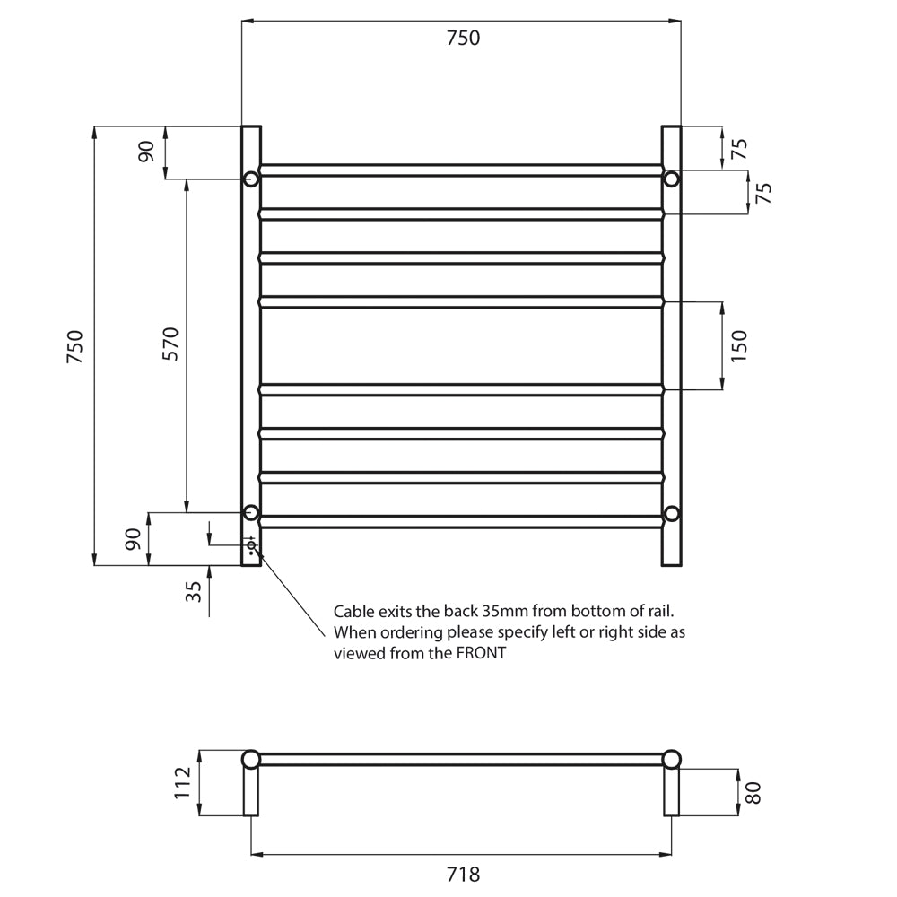 Radiant Heating Round Bars 240V Heated Towel Rails Polished 750 x 750