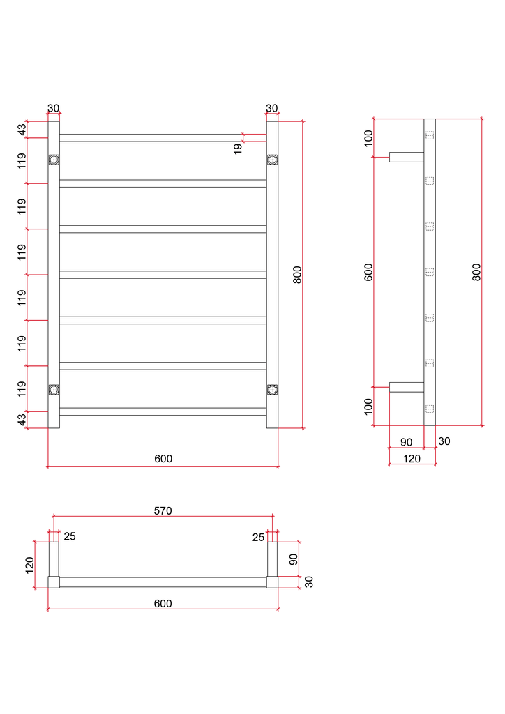 Thermogroup 7 Straight Square Heated Ladder Towel Rail - Polished Stainless