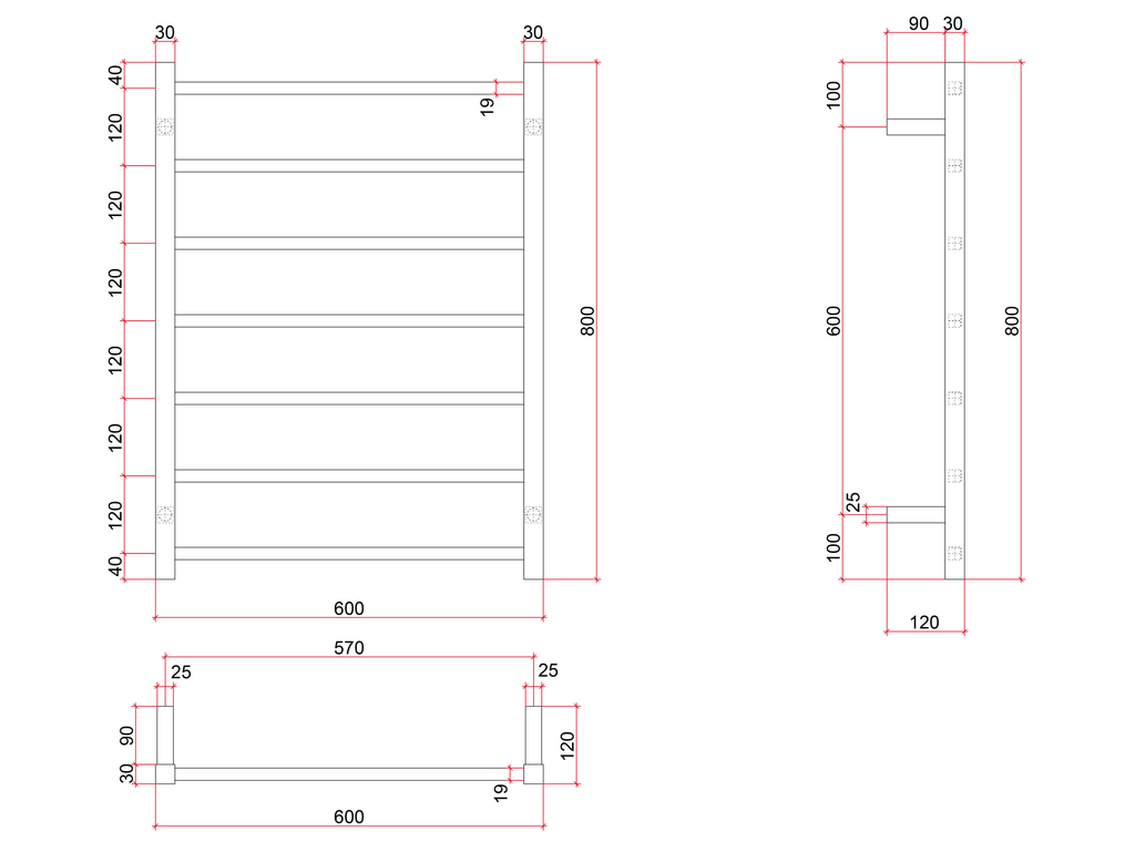 Thermogroup 7 Bar Straight Square Ladder Heated Towel Rail - Brushed Stainless