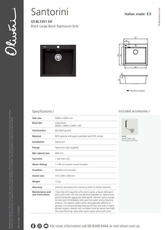 Oliveri Santorini Black Large Bowl Topmount Sink with Overflow