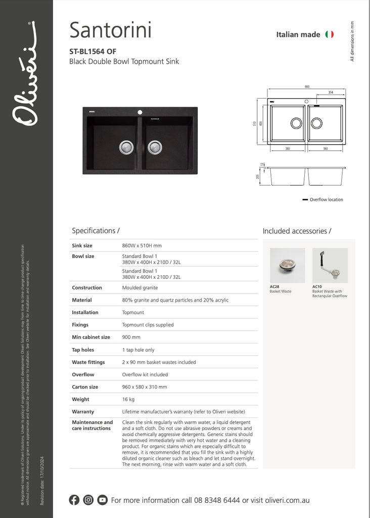 Oliveri Santorini Black Double Bowl Topmount Sink with Overflow