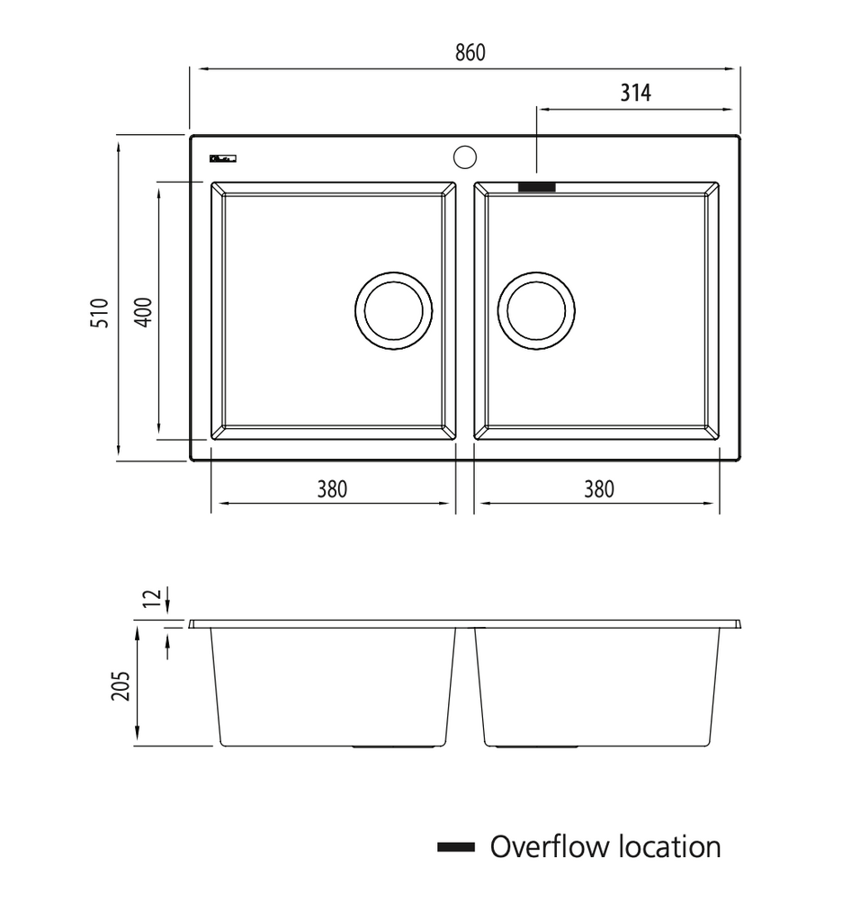 Oliveri Santorini Black Double Bowl Topmount Sink with Overflow