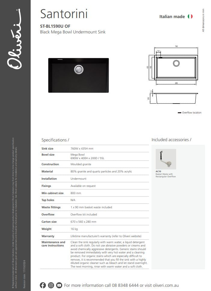 Oliveri Santorini Black Mega Bowl Undermount Sink with Overflow