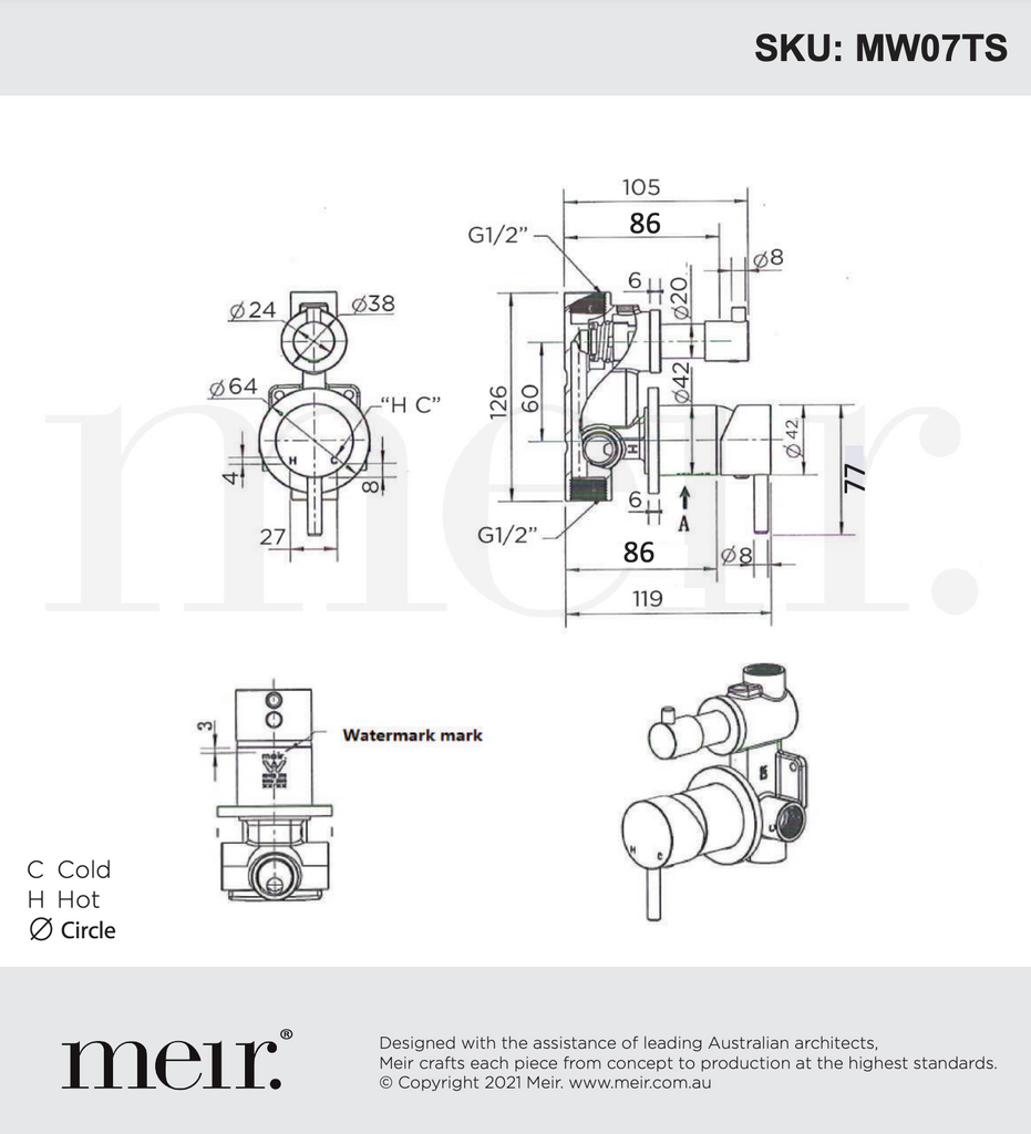 Meir Round Wall Mixer Diverter Finish Only - Chrome