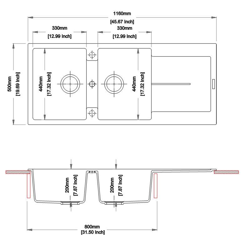 Granite 1160x460x200mm Double Bowl Kitchen Sink - White