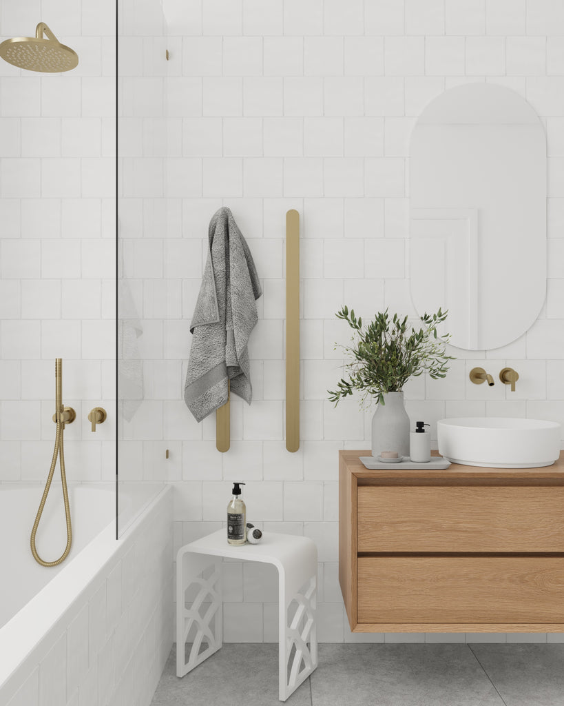Thermogroup 12V Flat Pill Single Bar Vertical Heated Towel Rail - Brushed Brass