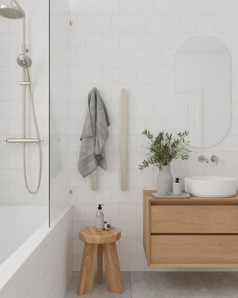 Thermogroup 12V Flat Pill Single Bar Vertical Heated Towel Rail - Brushed Nickel