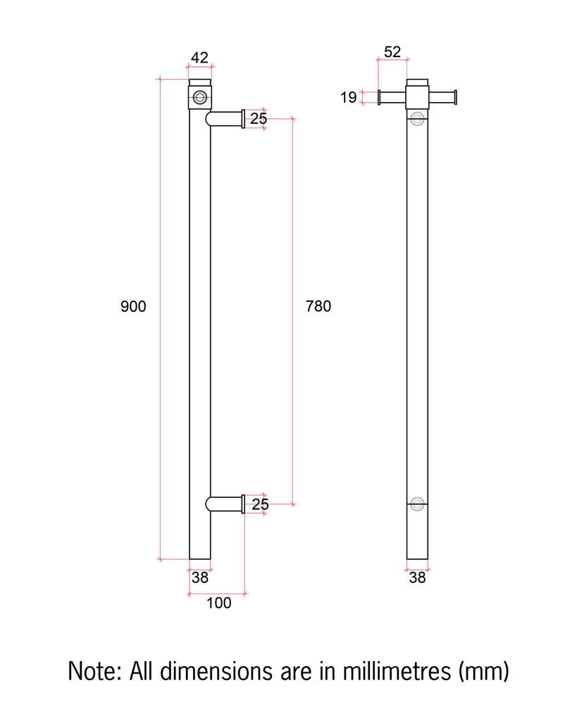 Thermogroup 12V Square Vertical Single Bar Heated Towel Rail - Stainless Steel
