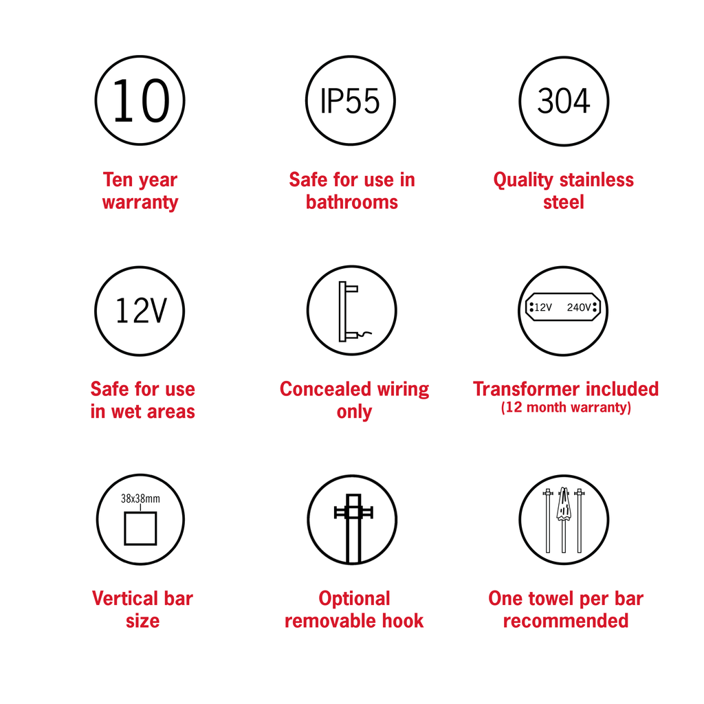 Thermogroup 12V Square Vertical Single Bar Heated Towel Rail - Stainless Steel