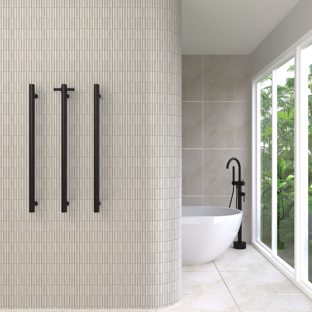 Thermogroup 240V Straight Round Vertical Single Bar Heated Towel Rail - Matte Black
