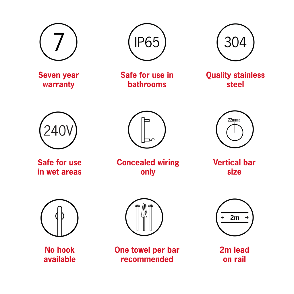 Thermogroup 240V Straight Round Vertical Single Bar Heated Towel Rail - Matte Black