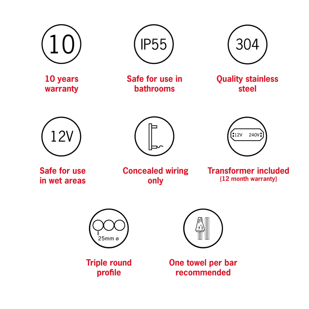 Thermogroup Triple Tube Vertical Single Heated Towel Rail - Polished Stainless Steel