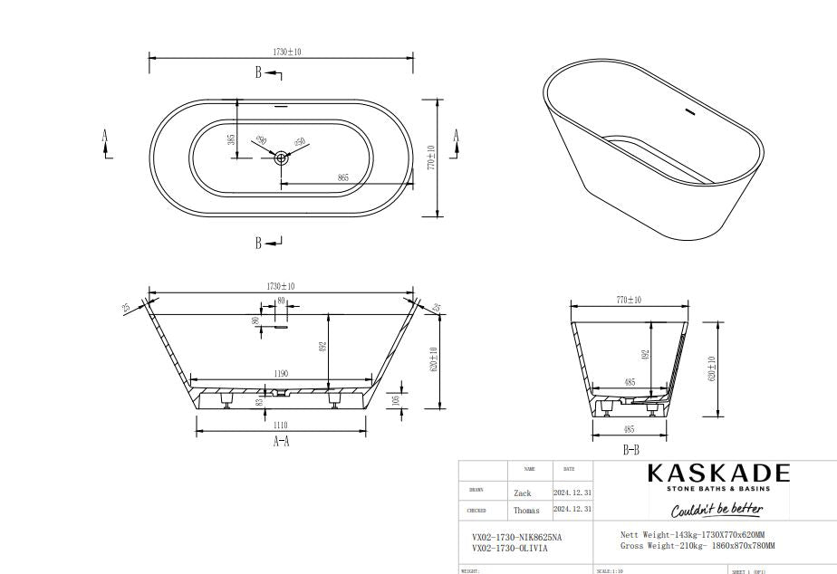 Kaskade Olivia VX02-1730 Freestanding Stone Bath with Overflow - Matte White