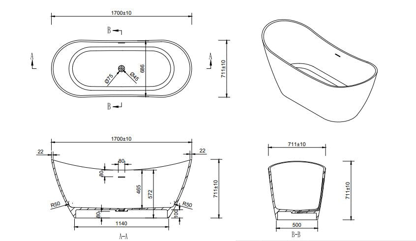 Kaskade Kirsty Freestanding Stone Bath - Matte White