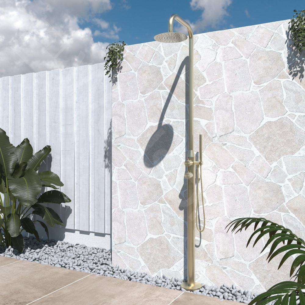 Haven Freestanding Outdoor Shower Kit 316 Stainless Lead Free Brushed Brass