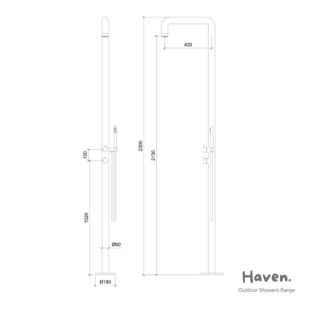 Haven Fitzroy Freestanding Outdoor Shower Kit 316 Hydro Jet Stainless Steel Lead Free