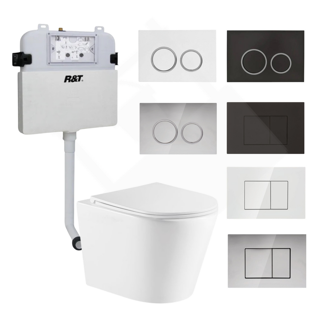 Berlino Wall Faced Toilet Rimless Suite Gloss White R&T with Flush Button