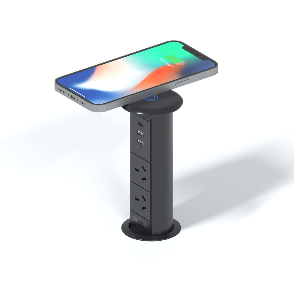 Motorised Pop Up Bench Power Point With USB - Black 65mm