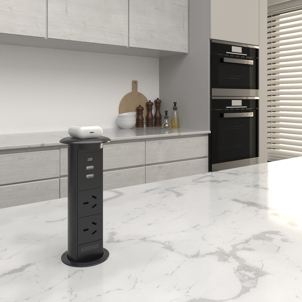 Motorised Pop Up Bench Power Point With USB - Black 65mm