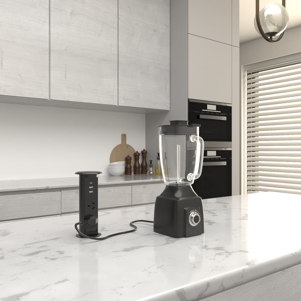 Motorised Pop Up Bench Power Point With USB - Black 65mm