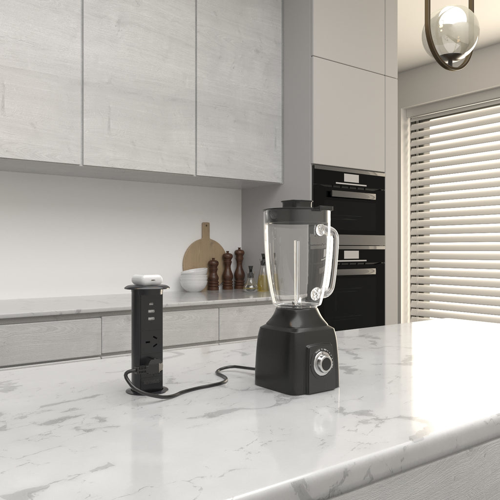 Motorised Pop Up Bench Power Point With USB - Black 65mm