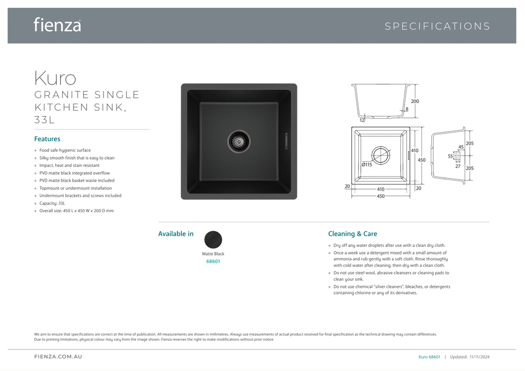 Fienza Kuro Granite Single Bowl Kitchen Sink - Matte Black