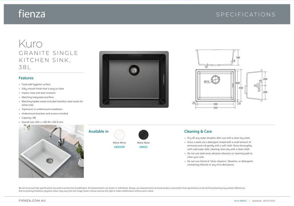 Fienza Kuro Granite Single Bowl Kitchen Sink - Matte Black