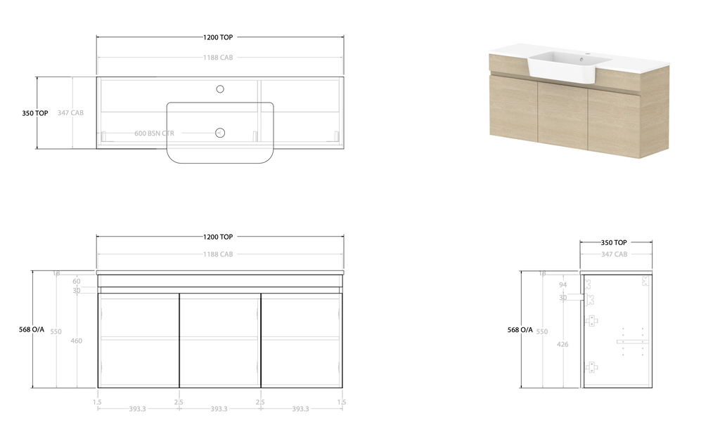 ADP Glacier Semi Recessed All Door Twin Wall Hung Vanity - Lite