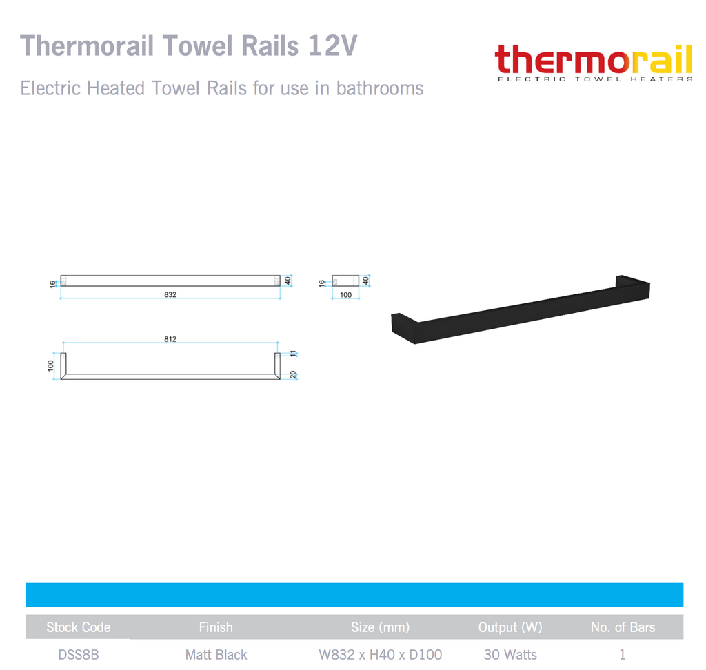 Thermogroup Square Single Bar Heated Towel Rail - Matte Black 832
