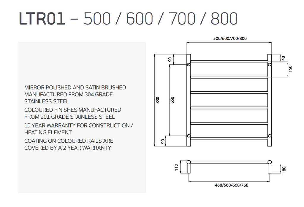 Radiant Heating Round Bars Non Heated Towel Rails Brushed Satin 700 x 830