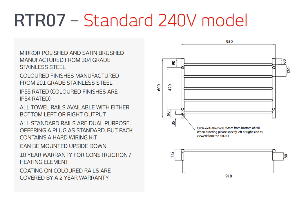 Radiant Heating Round Bars 240V Heated Towel Rails Brushed Satin 950 x 600