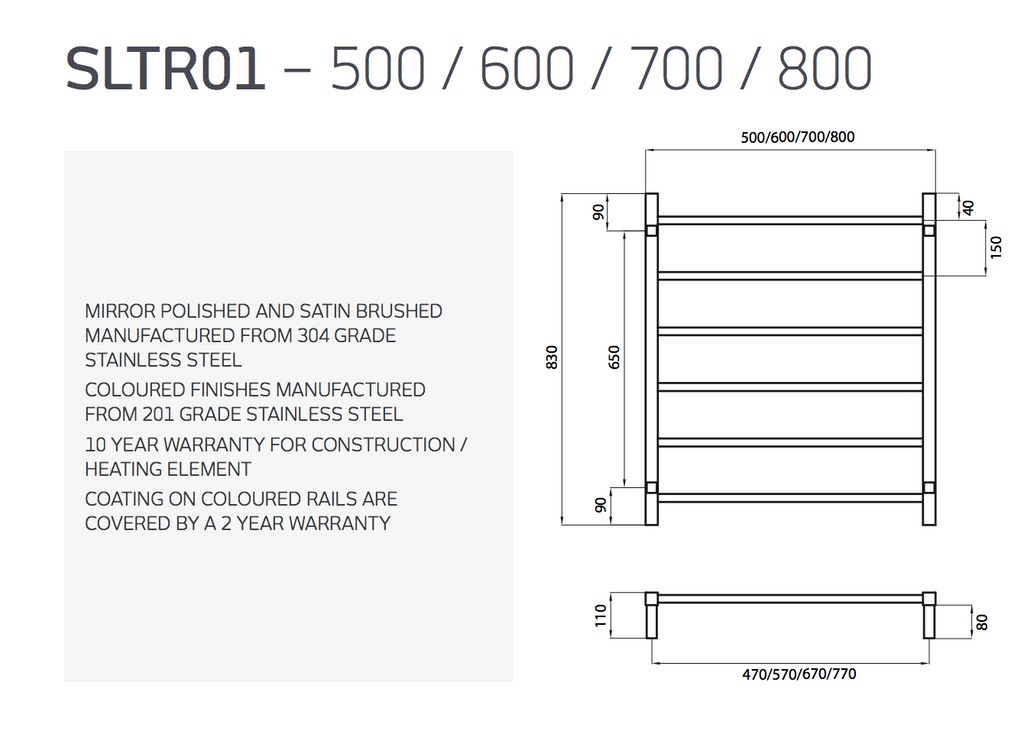 Radiant Heating Square Bars Non Heated Towel Rails Gunmetal Grey 700 x 830