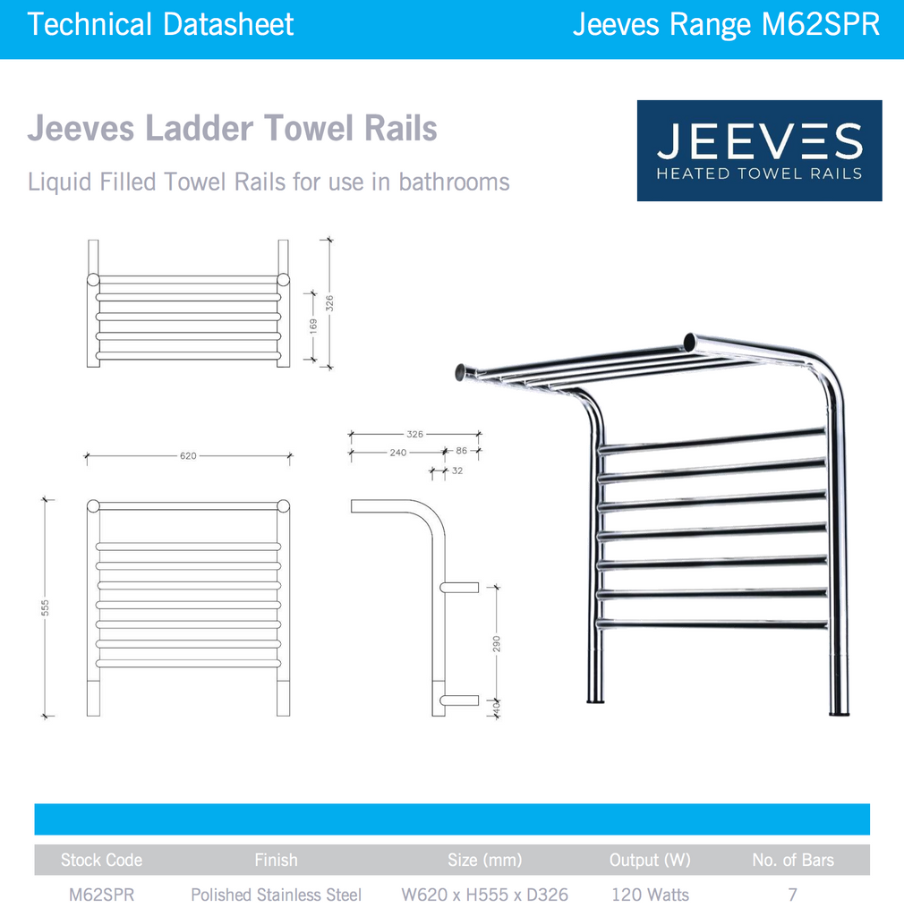 Thermogroup Jeeves Tangent M Heated Towel Rail - Polished Stainless