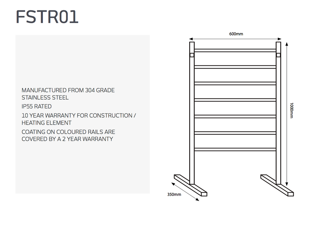 Radiant Heating Round Square Bars 240V Free Standing Heated Towel Rails 600 x 1000
