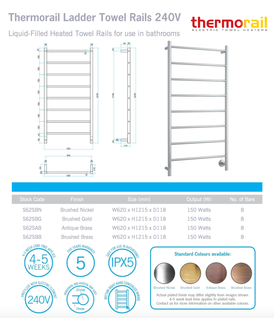Thermogroup 8 Bar Round Ladder Heated Towel Rail - Plated To Order