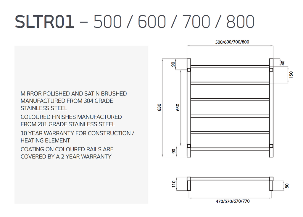 Radiant Heating Square Bars Non Heated Towel Rails Polished 800 x 830