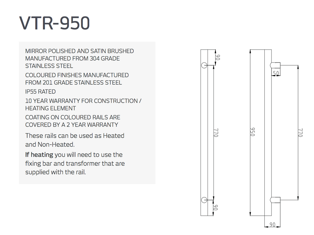 Radiant Heating Vertical Round Bars 12V Heated Towel Rails Polished 40 x 950