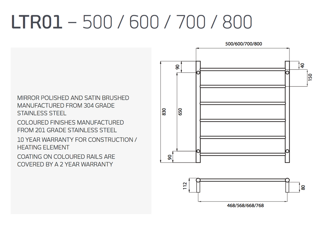 Radiant Heating Round Bars Non Heated Towel Rails Matte Black 700 x 830