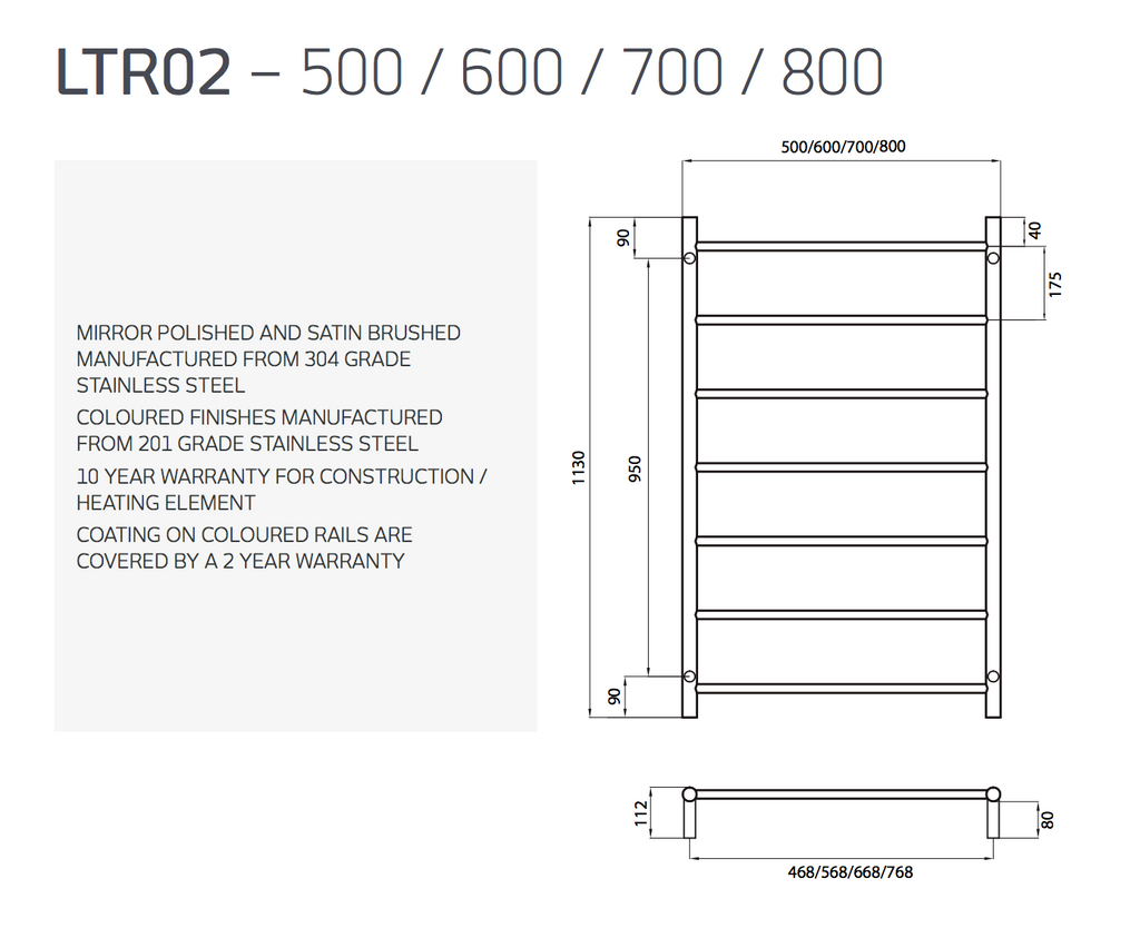 Radiant Heating Round Bars Non Heated Towel Rails Polished 800 x 1130
