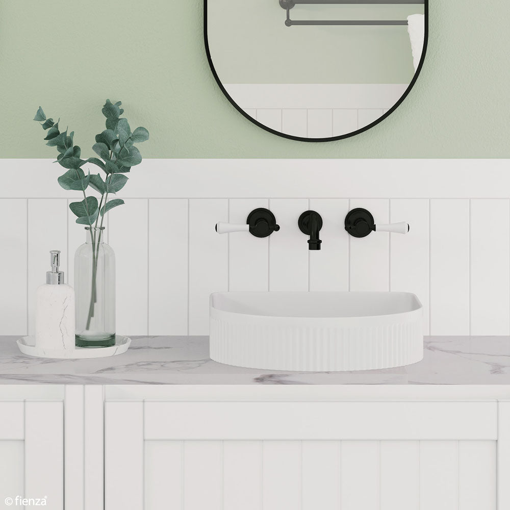 Fienza Lillian Lever Basin Bath Wall Set - Matte Black with Ceramic White Handles