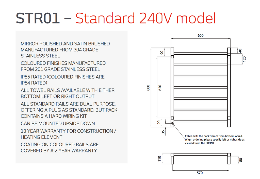 Radiant Heating Square Bars 240V Heated Towel Rails Matte Black 600 x 800