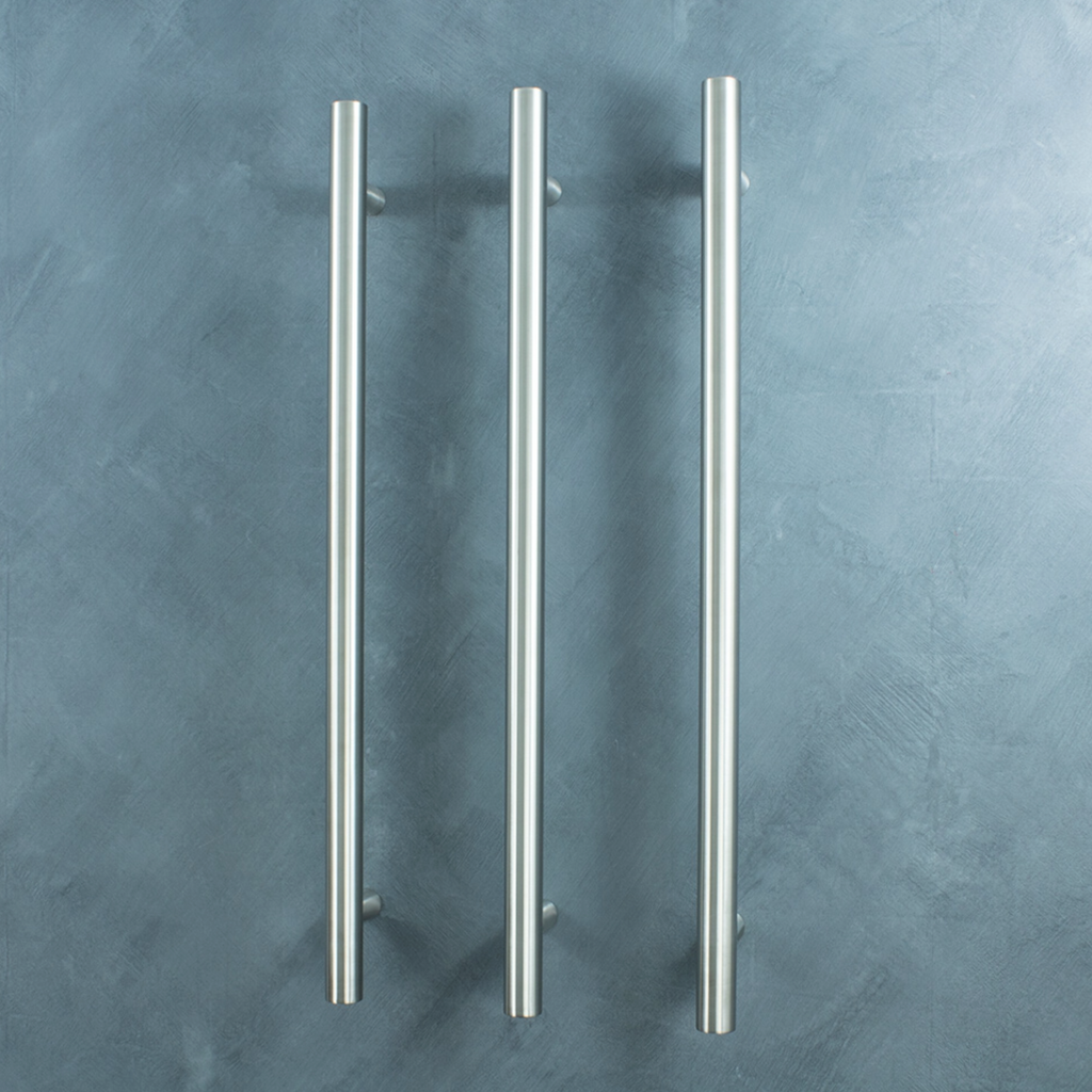 Radiant Heating Vertical Round Bars 12V Heated Towel Rails Brushed Satin 40 x 950