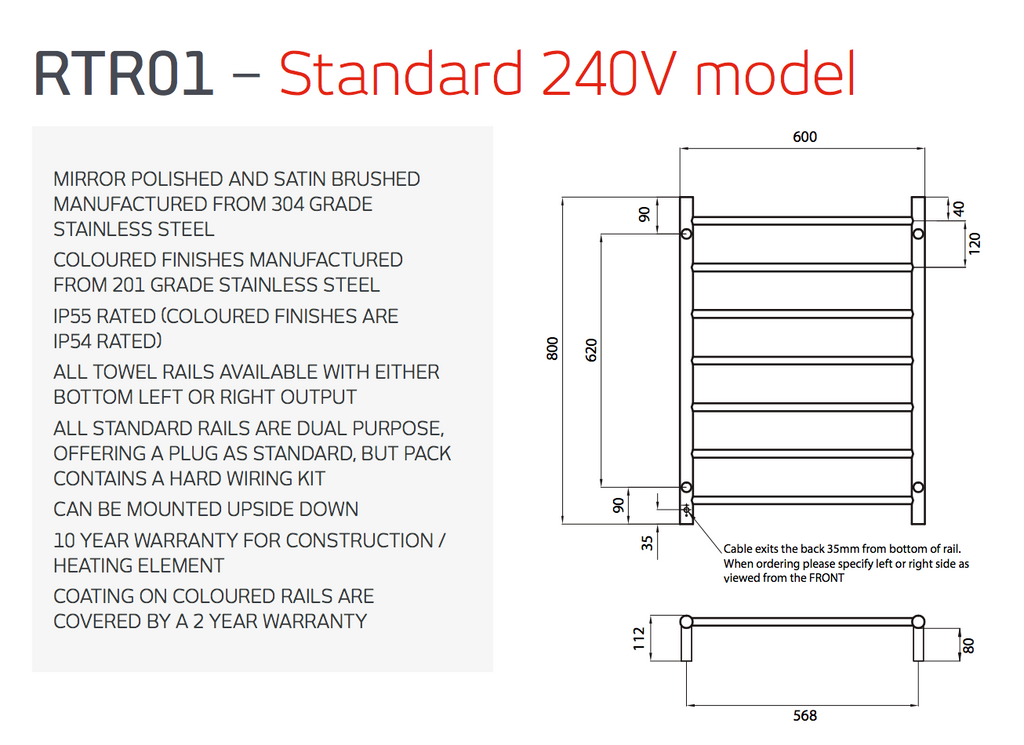 Radiant Heating Square Bars 240V Heated Towel Rail Polished 600 x 800