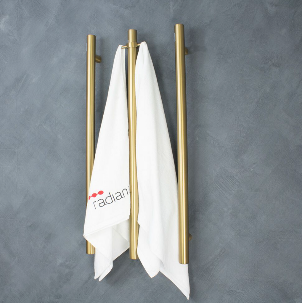 Radiant Heating Vertical Round Bars 12V Heated Towel Rails Brushed Gold 40 x 950