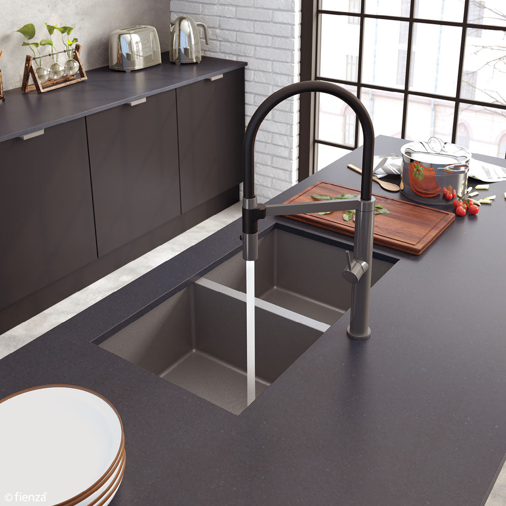 Fienza Hana 27L/27L Double Kitchen Sink, PVD Carbon Metal