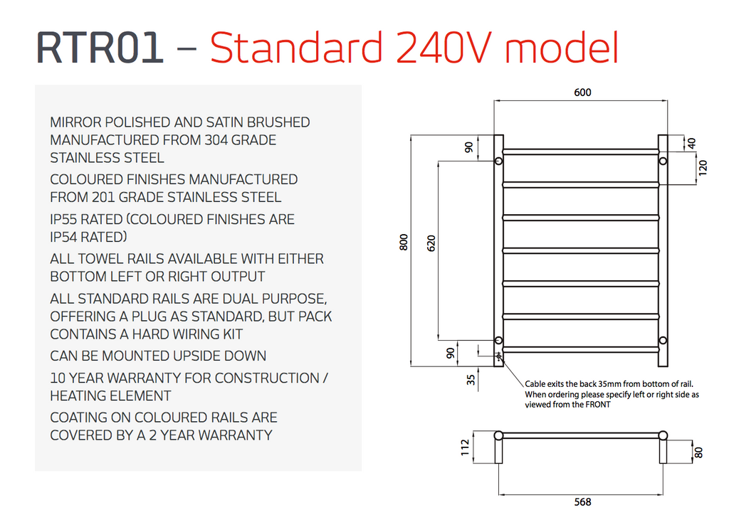 Radiant Heating Round Bars 240V Heated Towel Rails Champagne 600 x 800