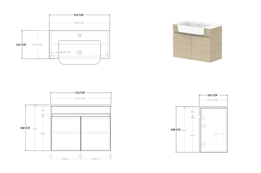 ADP Glacier Semi Recessed All Door Twin Wall Hung Vanity - Lite