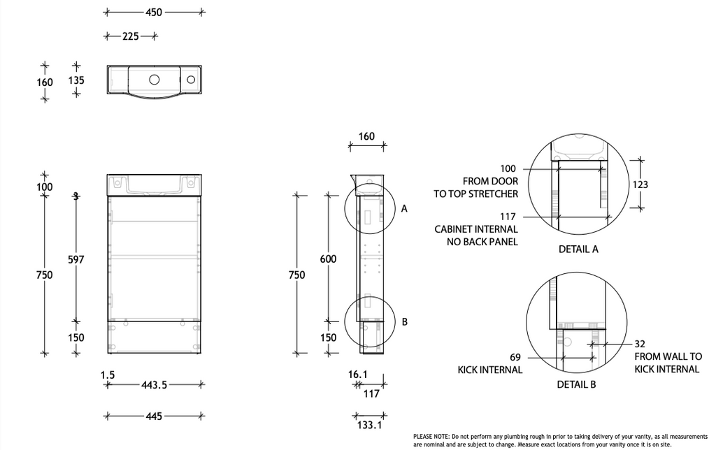 ADP Charlie Compact Vanity with Floor Mount 450mm - Wellsons
